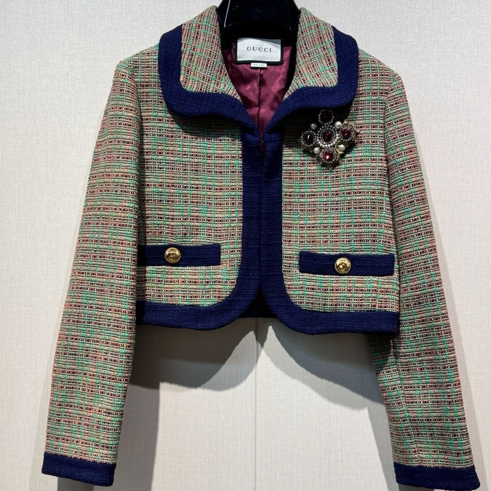 Gucci Multicolor Tweed Cropped Jacket with Navy Trim and Brooch
